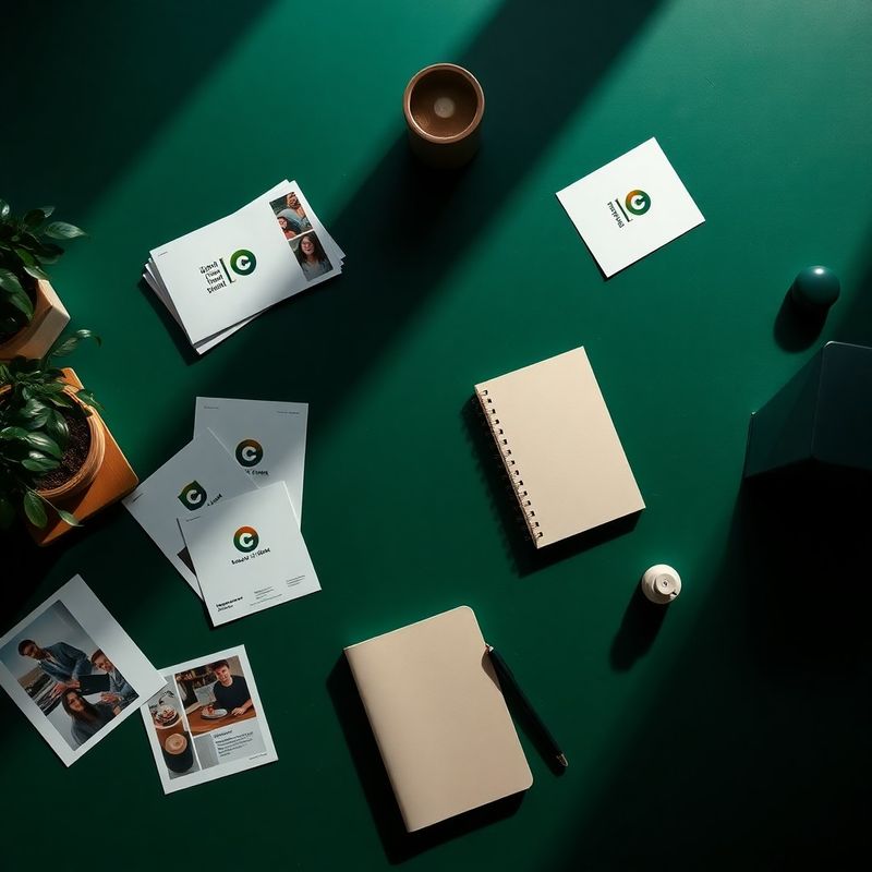Editorial flat-lay of brand identity print-outs on a forest green desk surface